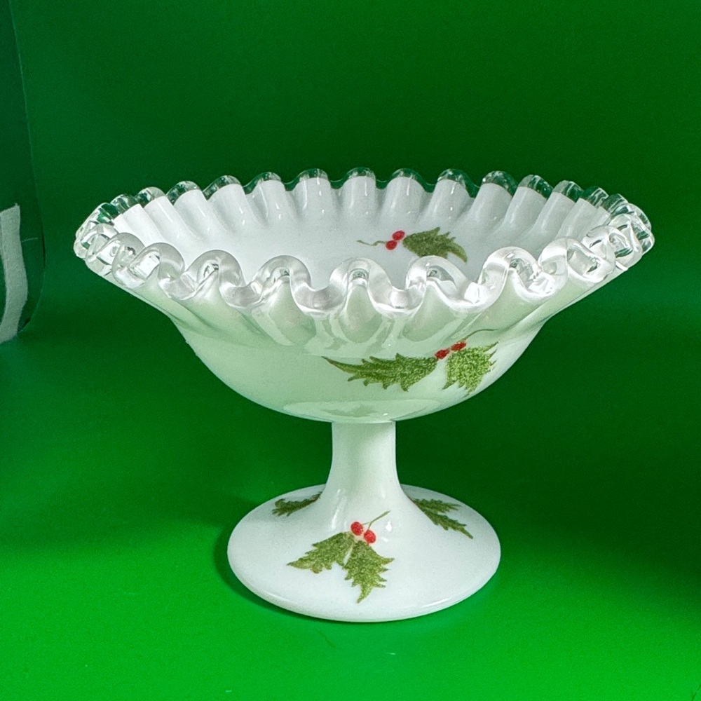 ?Fenton? Silver Crest Compote with Holly Design